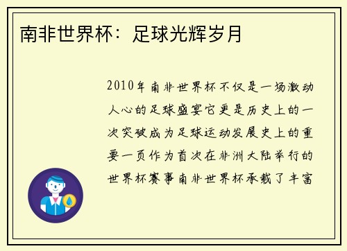 南非世界杯：足球光辉岁月